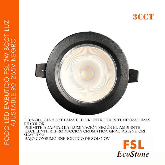 Foco Led Embutido Fsl 7w 3cct Luz Ajustable 90-265v Negro