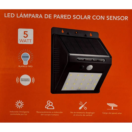 Foco Solar Pared FSL 5W 6500K Negro | Sensor Movimiento IP65 Exterior