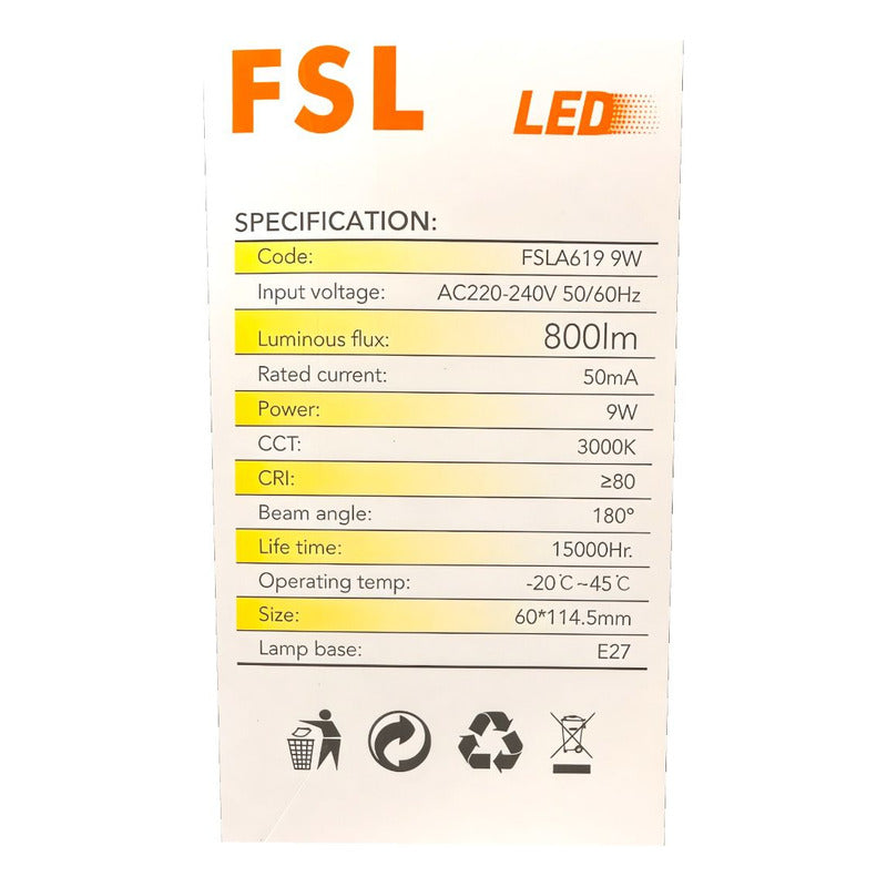 Ampolleta LED A60 9W E27 Luz Cálida 3000K Dimmeable FSL