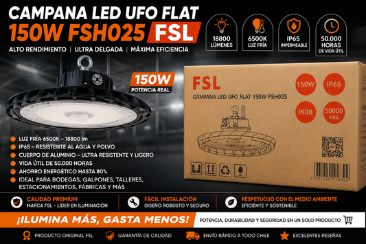 Campana Led Ufo Plana Fsl 150w Luz Fría 6500k 18800lm Ip65