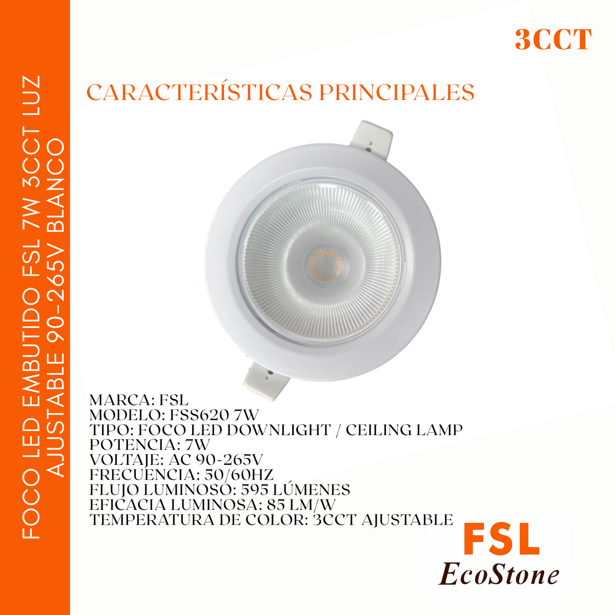 Foco Led Embutido Fsl 7w 3cct Luz Ajustable 90-265v Blanco