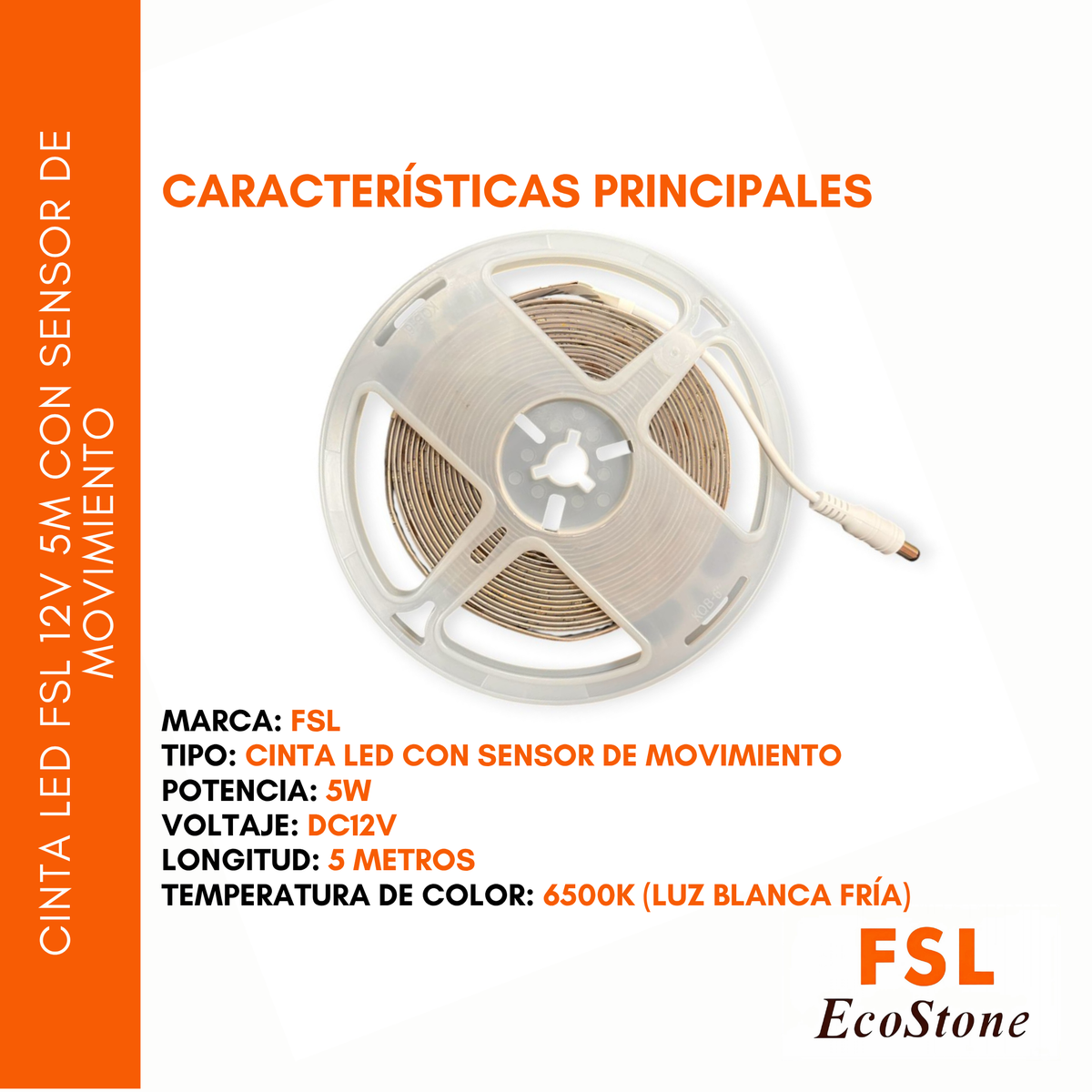 Cinta Led Fsl 12v 5m Con Sensor De Movimiento 6500k Luz Fría