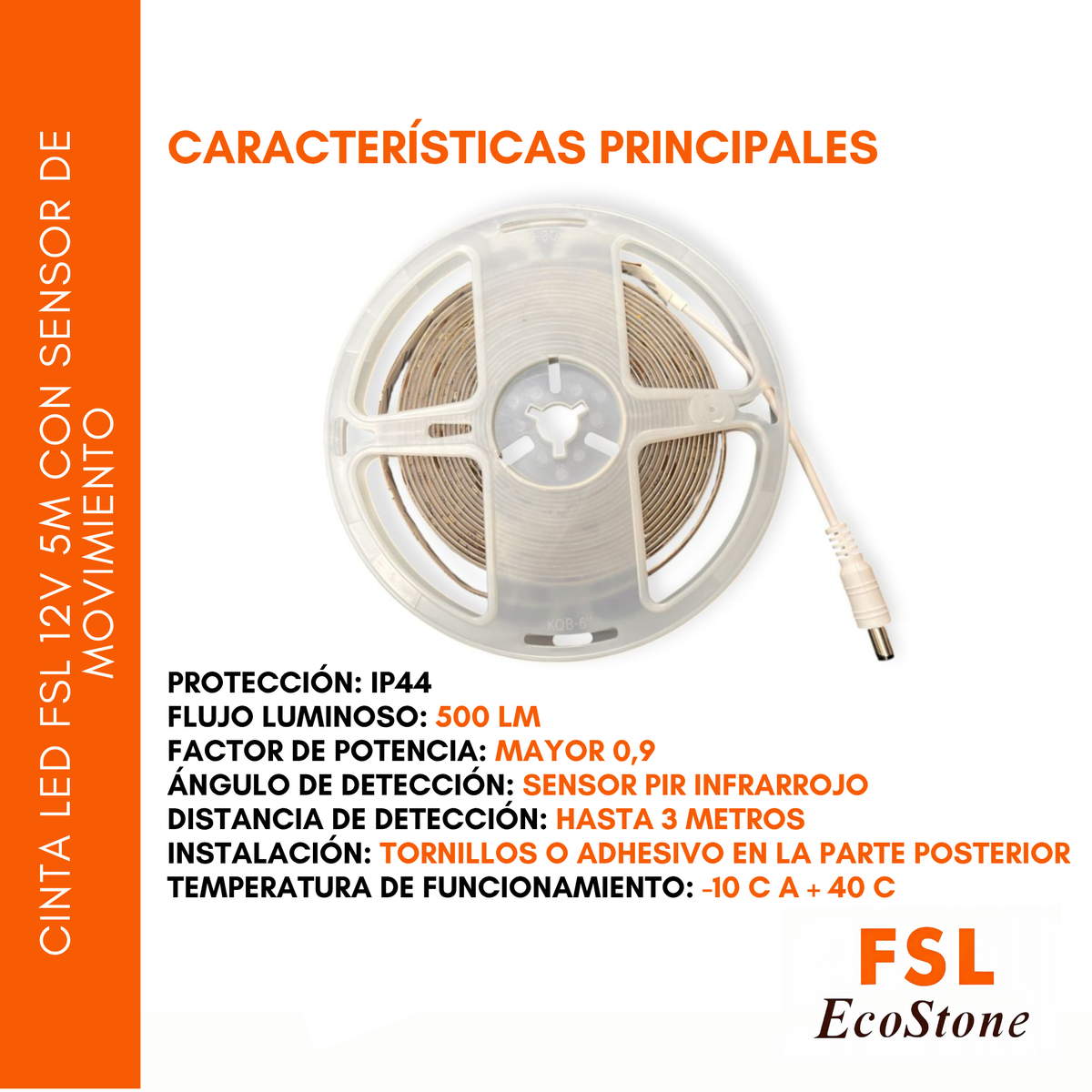 Cinta Led Fsl 12v 5m Con Sensor De Movimiento 6500k Luz Fría