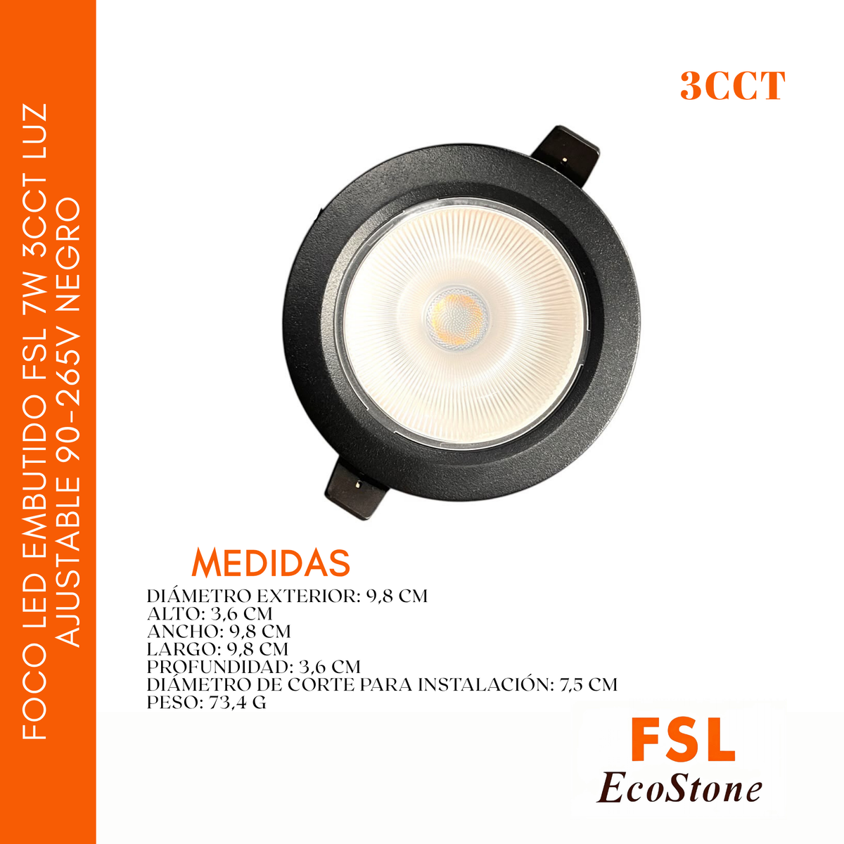 Foco Led Embutido Fsl 7w 3cct Luz Ajustable 90-265v Negro