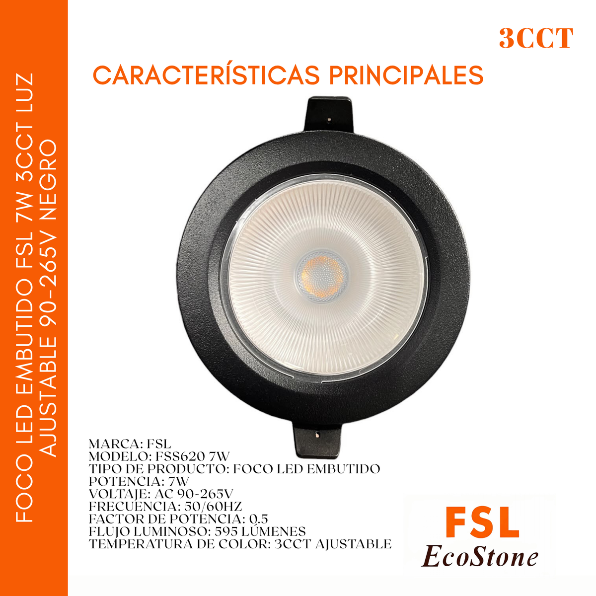 Foco Led Embutido Fsl 7w 3cct Luz Ajustable 90-265v Negro