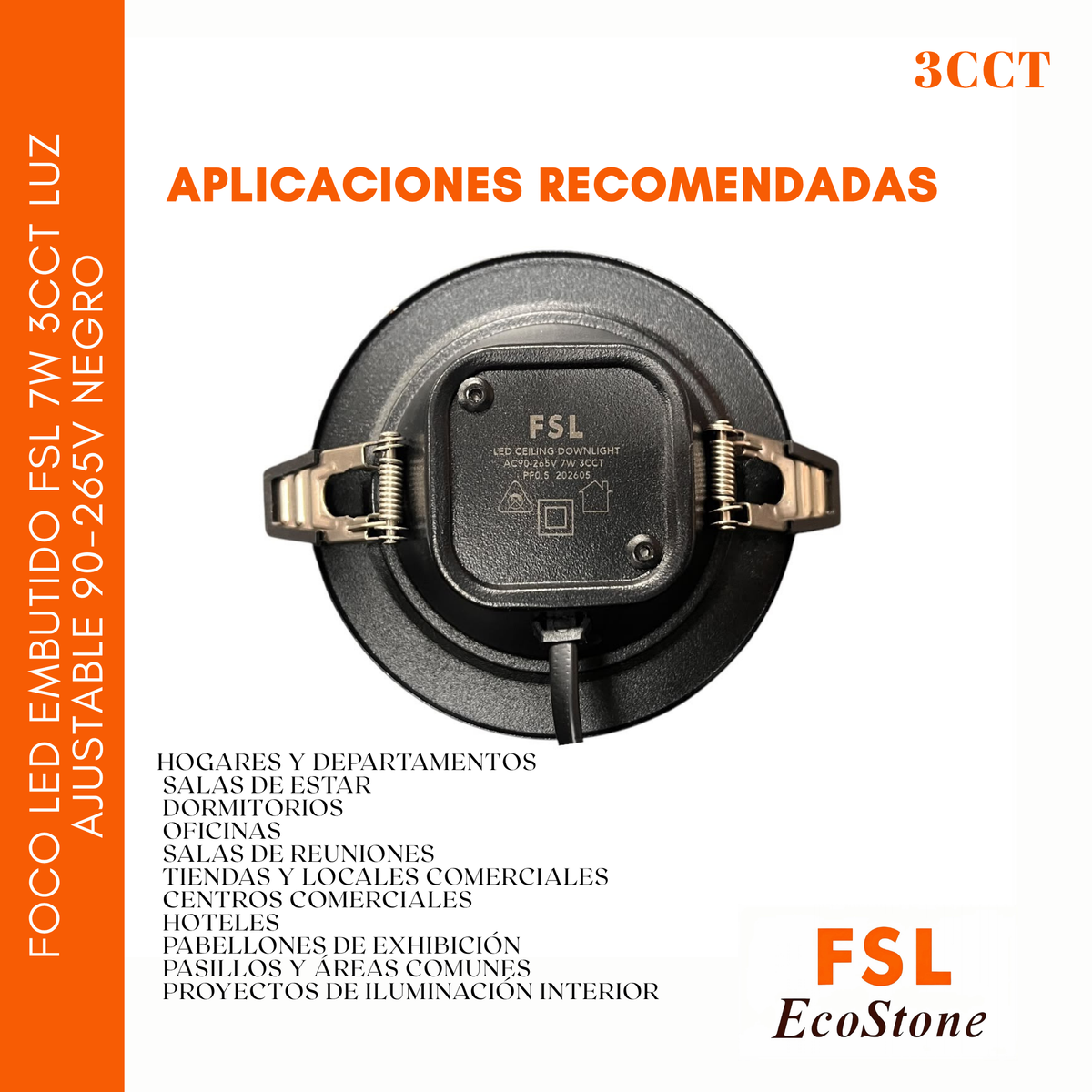 Foco Led Embutido Fsl 7w 3cct Luz Ajustable 90-265v Negro