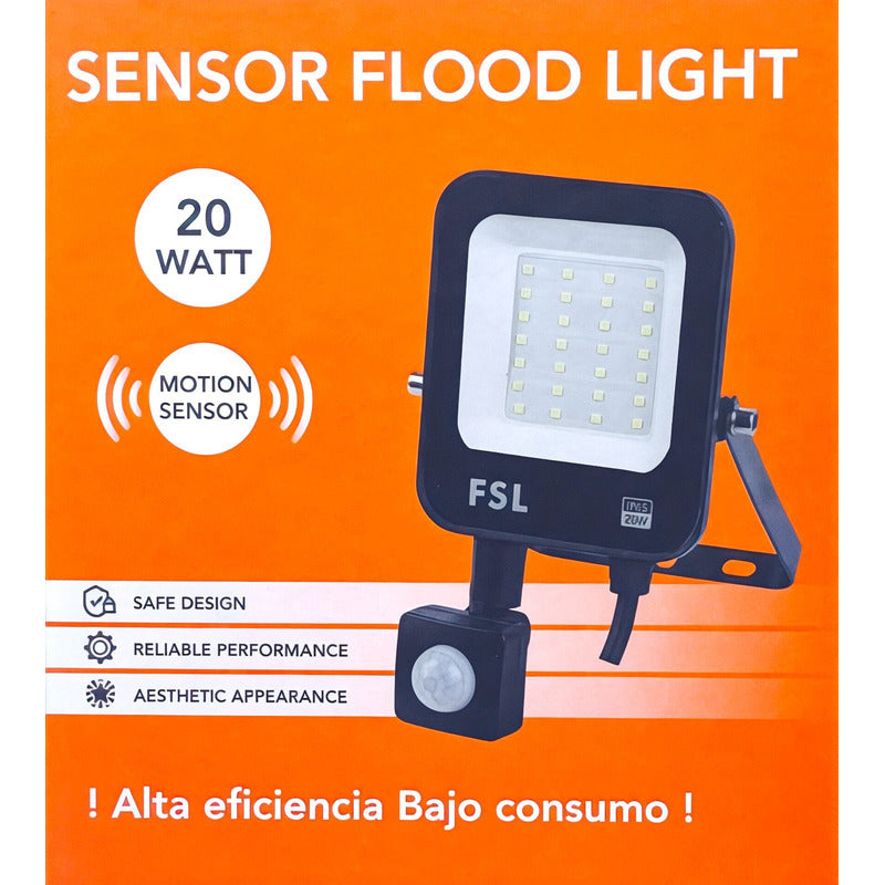 Reflector LED FSL 20W Sensor Movimiento IP65 6500K | Luz Fría Potente Exterior 1440lm