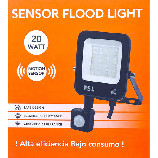 Reflector LED FSL 20W Sensor Movimiento IP65 6500K | Luz Fría Potente Exterior 1440lm