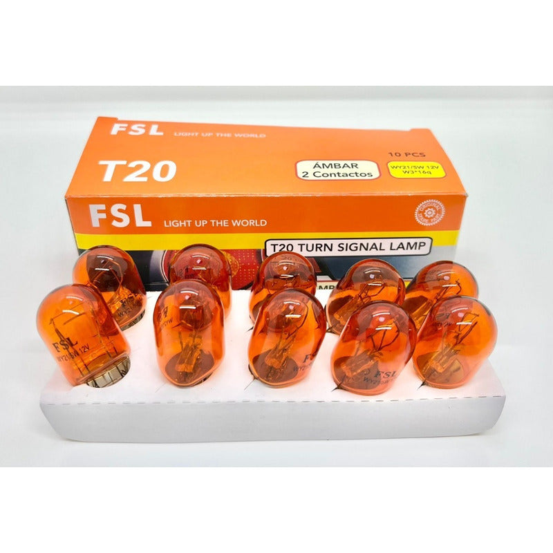 Pack X10 Ampolleta Halógena T20 WY21/5W 12V W3x16q Ámbar 2 Contactos Para Auto FSL