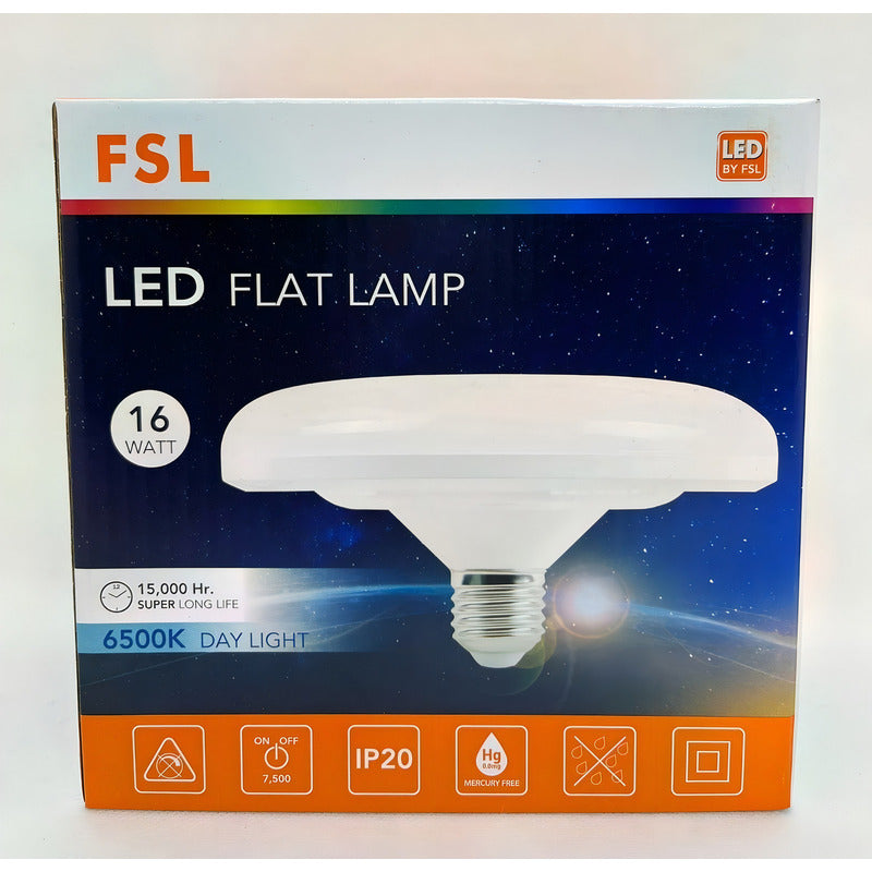 Ampolleta LED Tipo Flat 16W E27 – Luz Fría 6500K – FSL Con detalles en caja