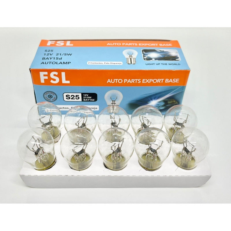 Pack X20 Ampolleta Halógena S25 12V 21/5W BAY15D 2 Contactos Pata Dispareja Para Auto FSL