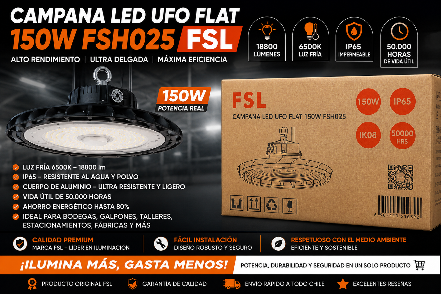 Campana Led Ufo Plana Fsl 150w Luz Fría 6500k 18800lm Ip65