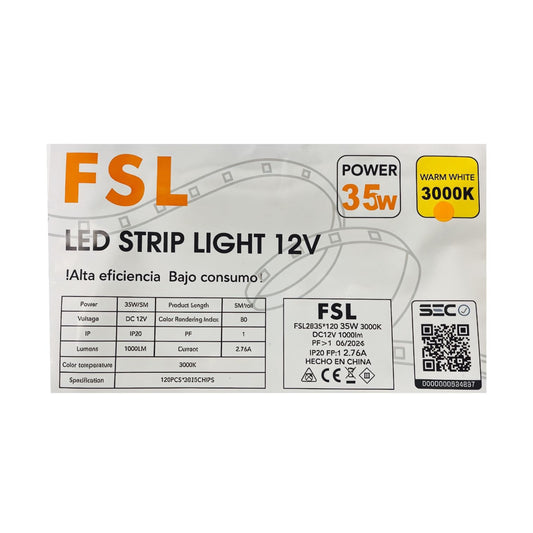Cinta LED FSL 12V 5m 35W Luz Cálida, Neutra y Fría IP20 – Flexible y Alta Luminosidad