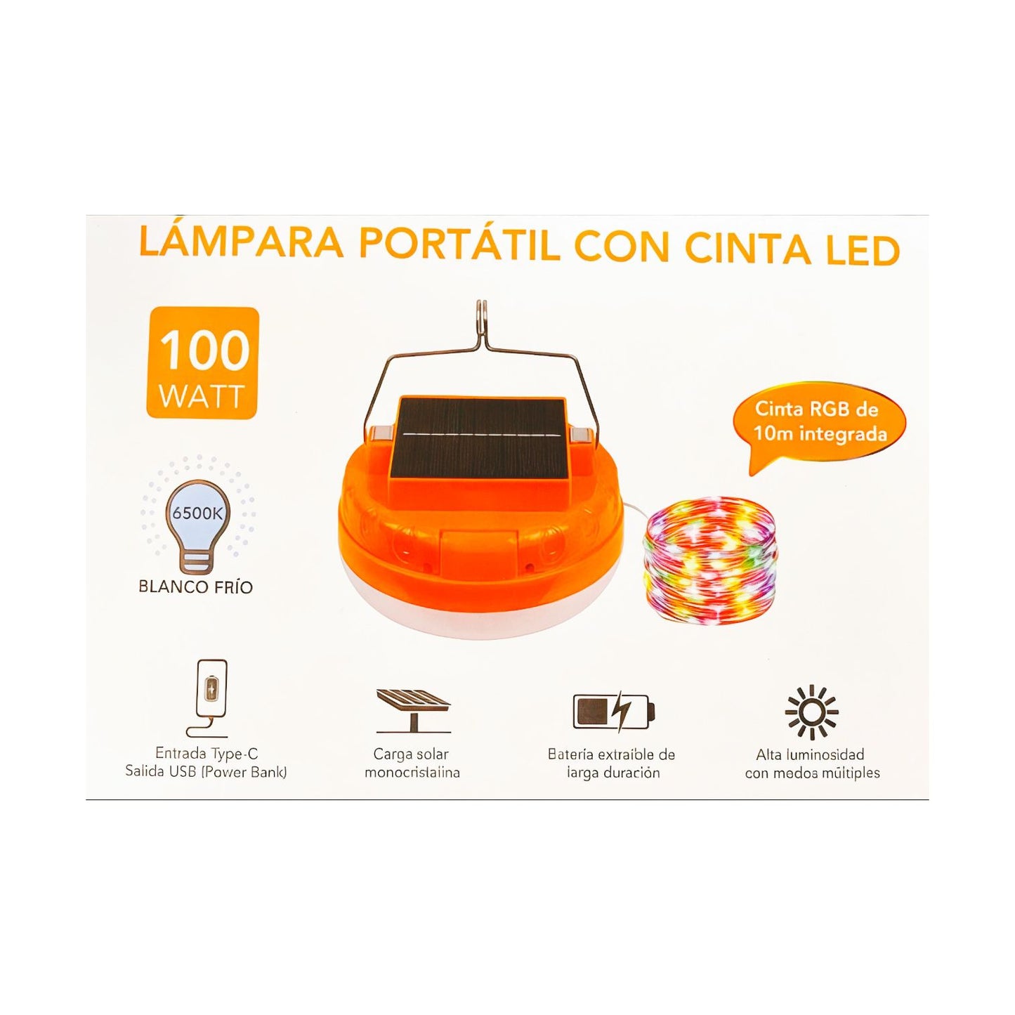Lámpara Solar Led 100w Con Tira Rgb 10m Recargable Ip40