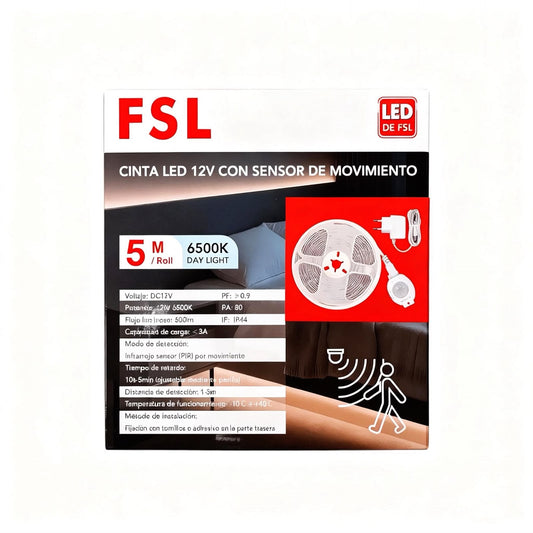 Cinta Led Fsl 12v 5m Con Sensor De Movimiento 6500k Luz Fría