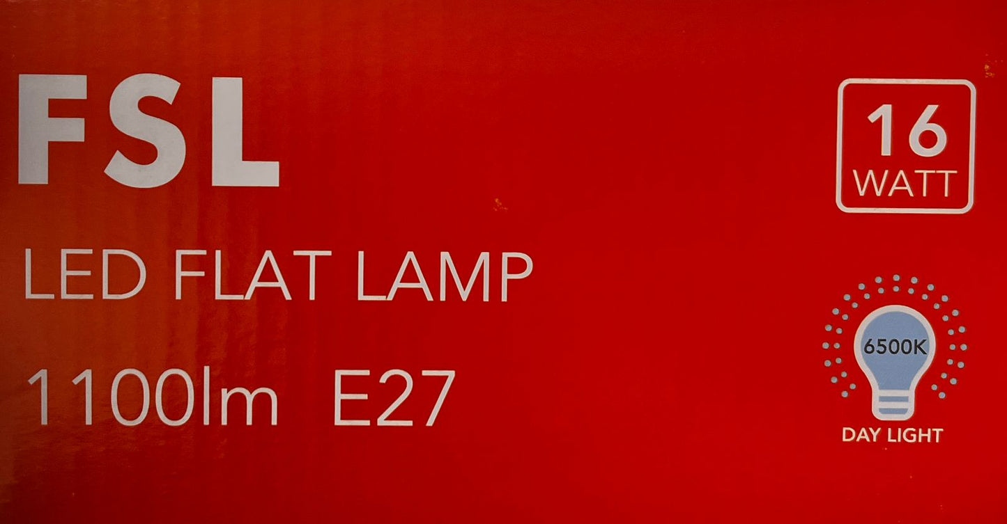 Ampolleta LED Tipo Flat Slim 16W E27 – Luz Fría 6500K – FSL Con detalles en caja