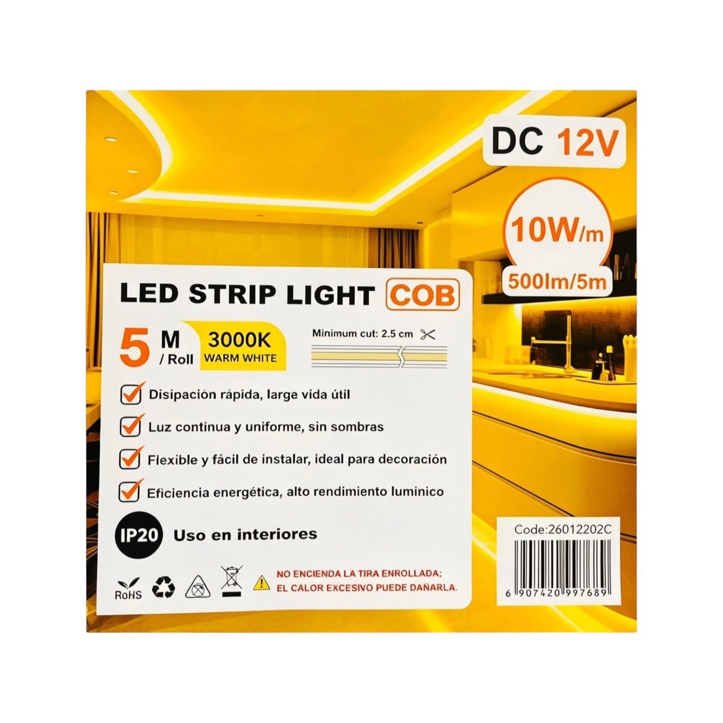 Cinta Led Cob 5m 12v Fsl Luz Continua Ip20 Interior